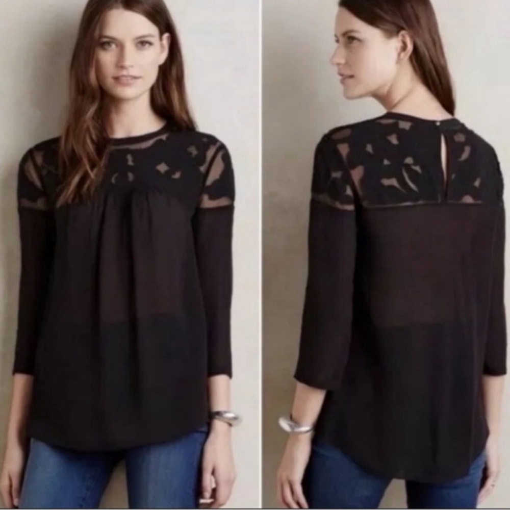 Anthropologie Vanessa Virginia SheerBlack Lace Blouse Long Sleeve Size 8